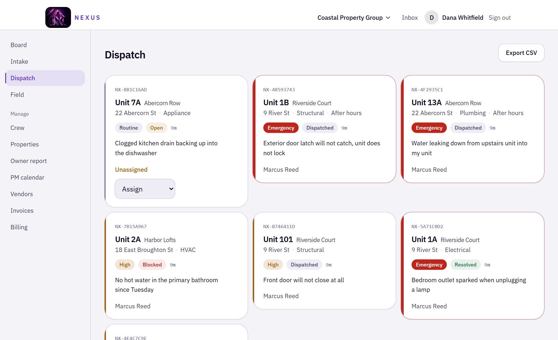 The Nexus dispatch board: six maintenance requests as cards, each showing its reference, unit, address, category, priority and status. The first is unassigned with an assign control; two are marked Emergency.