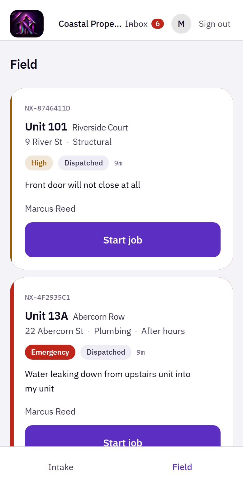 The Nexus field view on a phone: two assigned jobs, each with its unit, address, priority and a full-width Start job button.