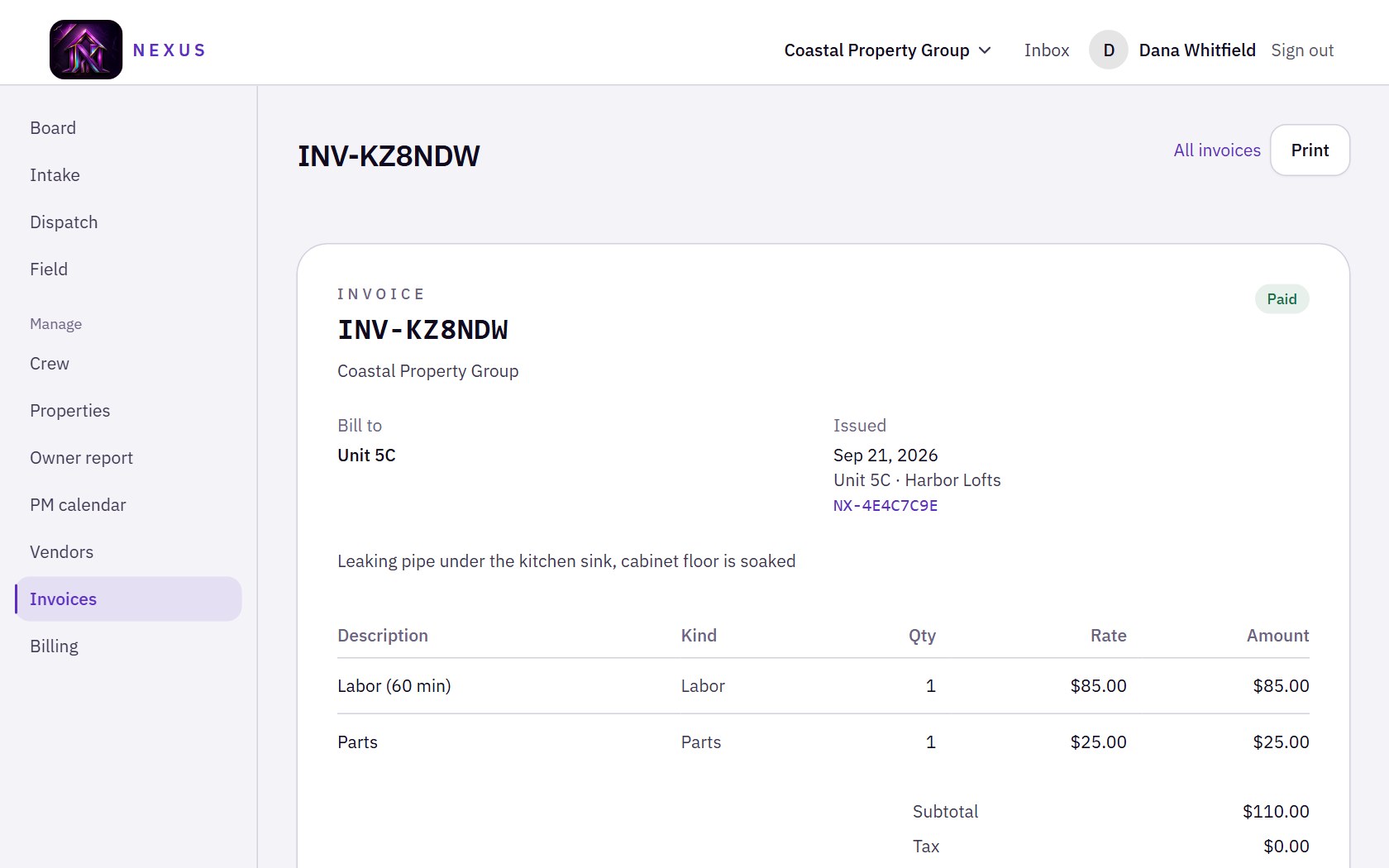 A Nexus invoice: line items for 60 minutes of labour and parts with rates and a subtotal, billed to a unit, linked back to the ticket it was drafted from.